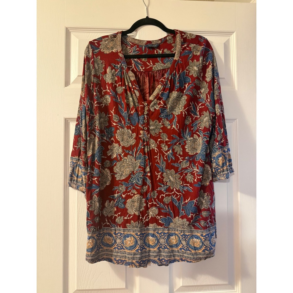 Lucky Brand Tunic Womens 1X Red Floral Paisley Boho Peasant Top 3/4 Sleeve